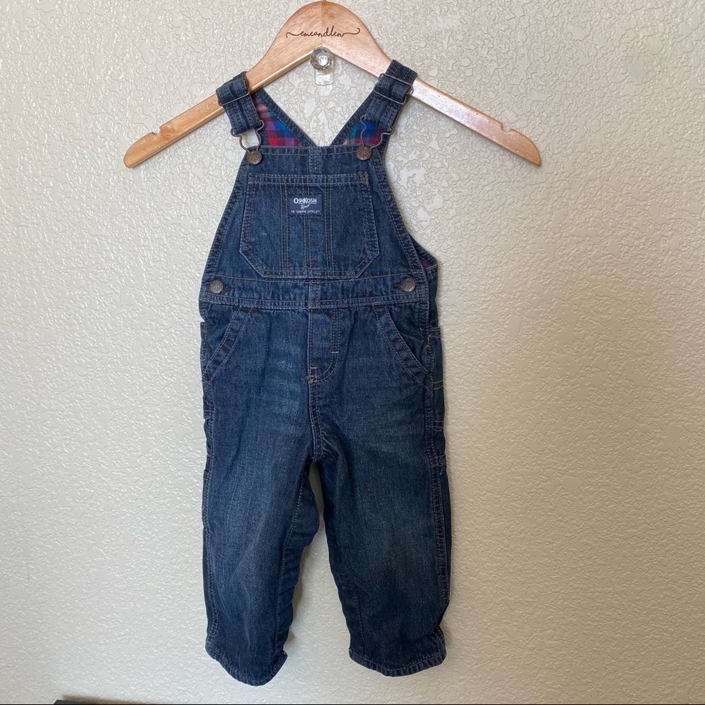 Oshkosh B’Gosh blue denim overalls flannel lined‎ plaid 18 months
